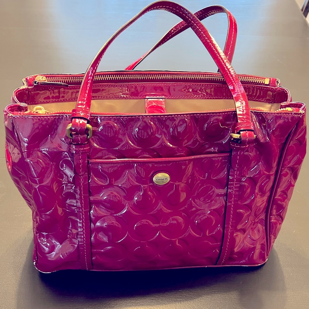Coach OpArt embossed Merlot patent over the shoulder tote authentic purse